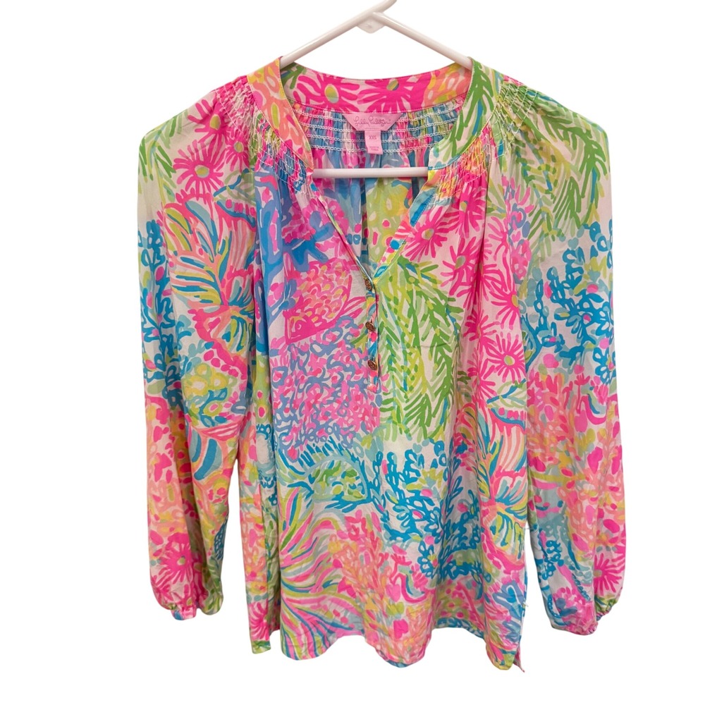 Lilly Pulitzer XXS Silk Smocked Neck Button Front Long Sleeve Tunic Top Blouse